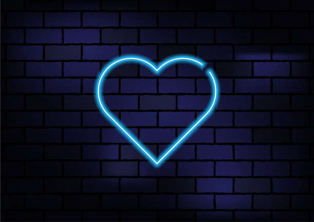 黑色砖墙上的心形蓝色霓虹灯图片下载