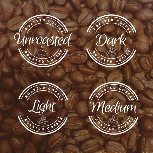 一套各式各样的烘焙咖啡圆形标签在咖啡豆上的咖啡豆纹理背景图片下载
