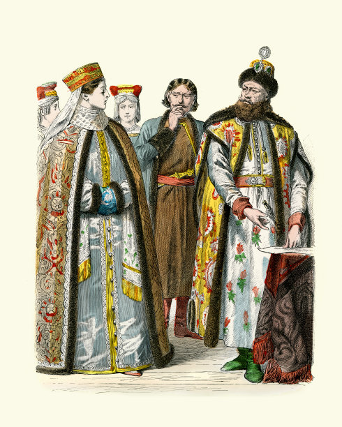 俄罗斯传统服装，16和17世纪波雅尔，男人和女人，俄罗斯，历史时尚图片下载