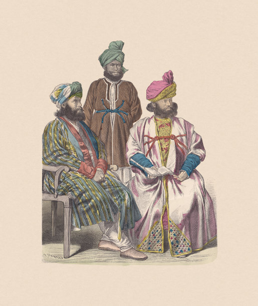 19世纪中亚服饰手绘木刻版画，约1880年出版图片下载