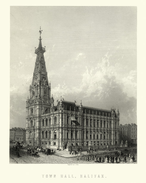 维多利亚建筑，哈利法克斯市政厅，约克郡，19世纪图片下载