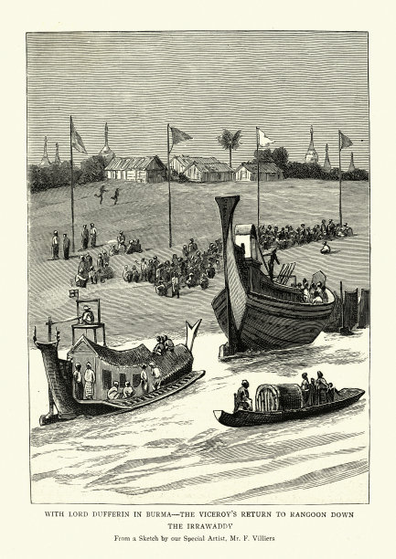 19世纪，伊洛瓦底江上的传统缅甸船只图片下载