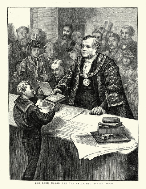 悉尼·沃特洛爵士，伦敦市长，向改过自新的街头儿童分发书籍，19世纪维多利亚时代的伦敦图片下载