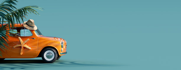 橙色复古车与海星和棕榈树在蓝绿色的夏季背景图片下载