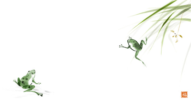 两只青蛙在草丛里。传统的东方水墨画，水墨，水墨。象形文字-福祉的翻译图片下载