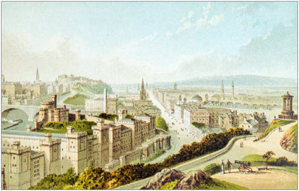 苏格兰城市、湖泊和山脉的古董画:从卡尔顿山到爱丁堡图片下载