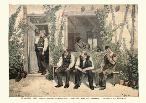 在理发店等候理发和修面的男人们，时间是1895年图片下载