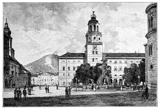 位于奥地利萨尔茨堡历史中心的Residenzplatz是一个巨大而庄严的广场图片下载