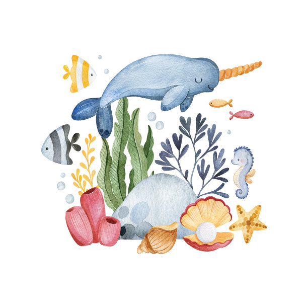 水彩画组成的海藻，海洋生物，贝壳和珊瑚。图片下载