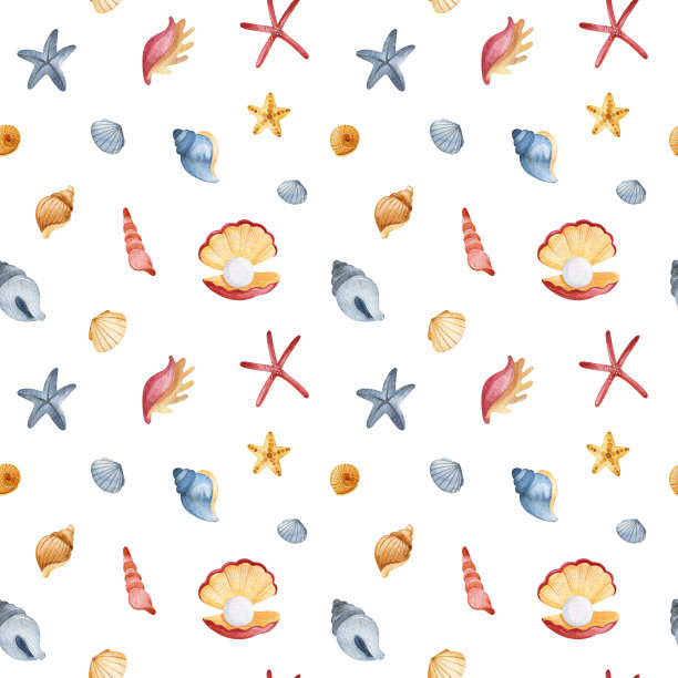 水彩纹理与可爱的贝壳和海星。无缝的背景图片下载