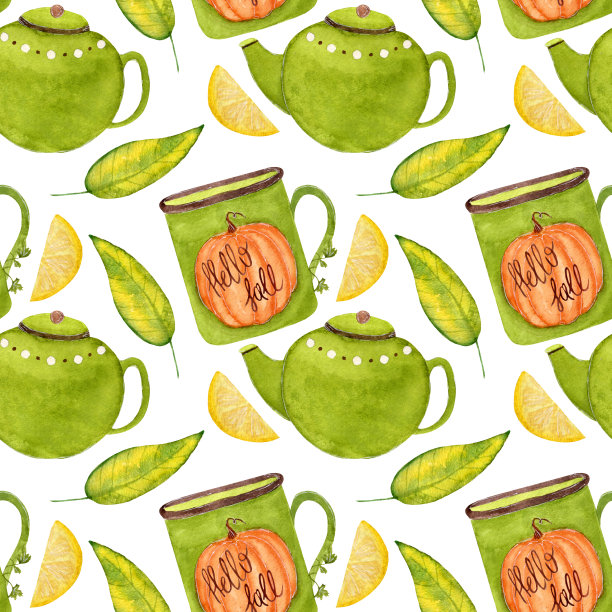 水彩秋天茶时图案，白底杯、柠檬、茶壶、绿叶。图片下载