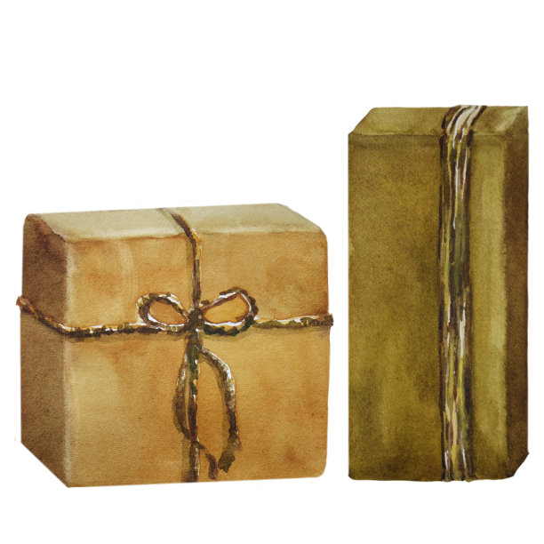 水彩集零浪费圣诞礼物。手工纸包。环保生活方式手绘插画。剪贴画的博客，广告，邀请，贺卡图片下载