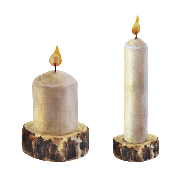 在万圣节、新年和圣诞节的时候，用白色水彩分开的木制支架上的白色蜡烛进行装饰。插图孤立在白色背景上图片下载