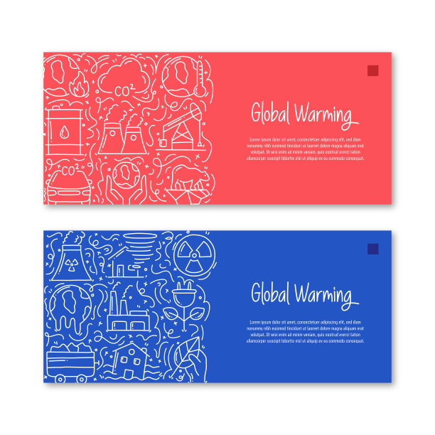 与全球变暖相关的物体和元素。手绘矢量涂鸦插图集合。横幅模板与不同的全球变暖对象图片下载