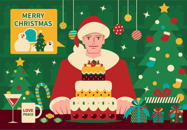 一个快乐英俊的年轻人穿着圣诞老人的衣服享受圣诞蛋糕图片下载