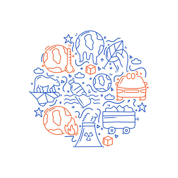 与全球变暖相关的物体和元素。手绘矢量涂鸦插图集合。手绘图案设计图片下载