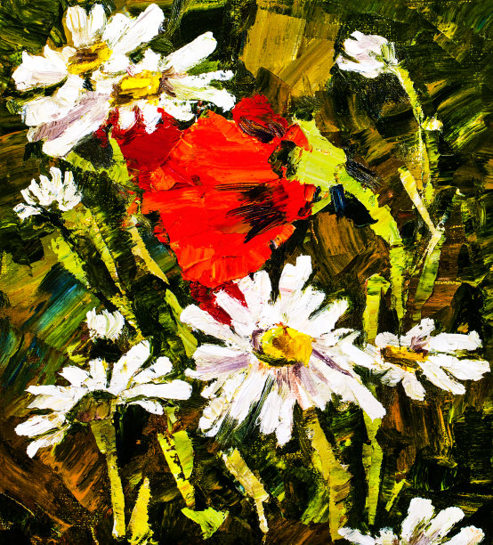 时尚的夏季插画现代的艺术寓言我的油画在画布上娱乐和风景印象主义自然的花猩红的罂粟和雏菊盛开在自然的环境中在田野间的草芽图片下载
