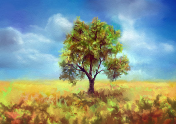 树在黄色的田野图片下载