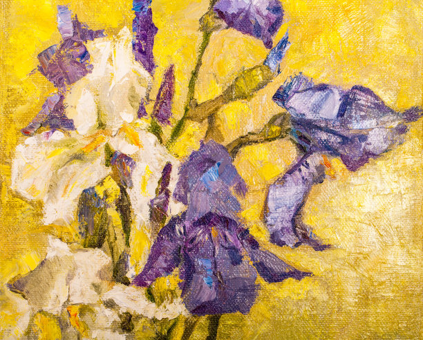 时尚的春天插图寓言现代艺术印象派我的原始油画在画布上印象派水平形状象征性的风景盛开的白色和蓝色的虹膜在阳光的光线图片下载
