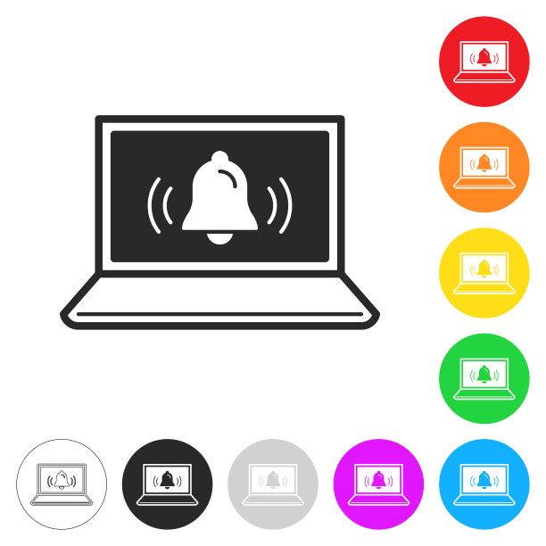带铃声的笔记本电脑-通知。彩色按钮上的图标图片下载
