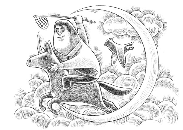 商人手持蝴蝶网，骑着新月画的独角兽图片下载