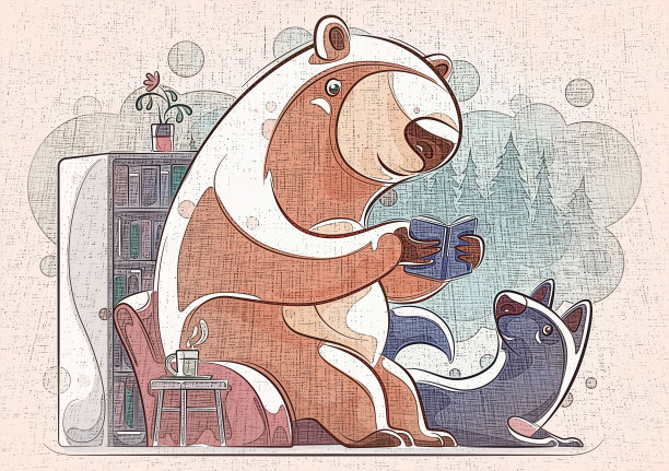 熊在狼旁边看书图片下载