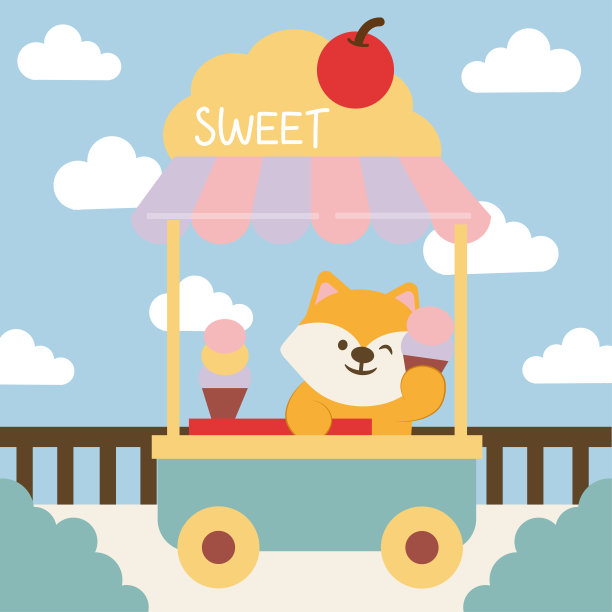 卖狐狸的扁平卡通人物。狐狸小贩和冰淇淋街的购物车图片下载