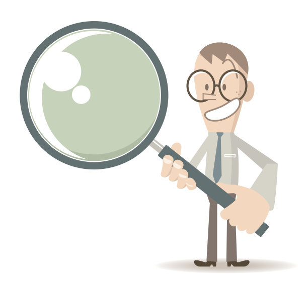 微笑的商人(男人、政治家、学生、老师)拿着一个大放大镜(放大镜)站着图片下载