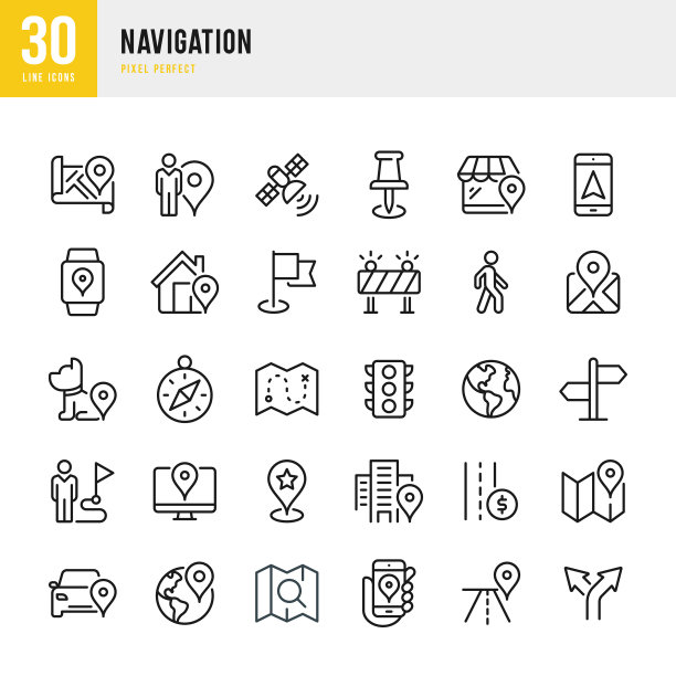 导航-细线矢量图标集。像素完美。该集包含图标:GPS，地图，距离标记，导航，行走，导航罗盘，手机，旗帜，交通灯，家畜。图片下载