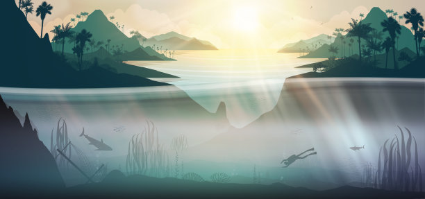 热带海岸，棕榈树和水下景观图片下载