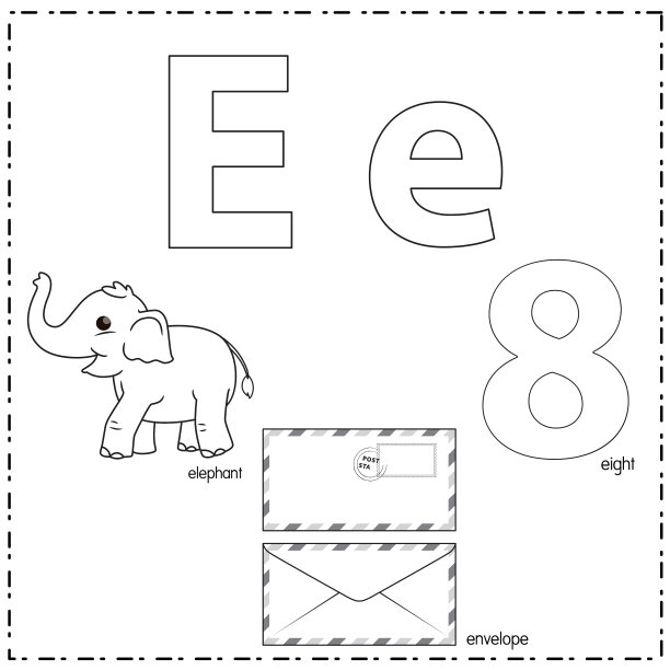 向量插图学习字母E的小写和大写的儿童与3卡通图像。大象信封八。图片下载