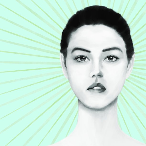 在风格化的阳光的背景下，一个亚洲和欧洲根的年轻女子的肖像图片下载