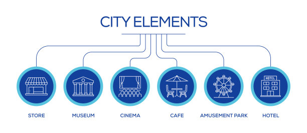 城市元素相关线条图标。大纲符号集合图片下载