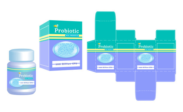 包装设计，膳食补充剂容器标签上的益生菌概念盒模板和模型盒，插图向量。图片下载