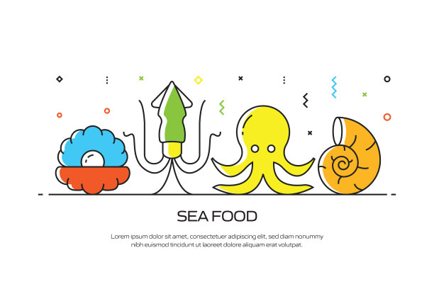海食品相关的线风格横幅设计网页，标题，小册子，年度报告和书的封面图片下载