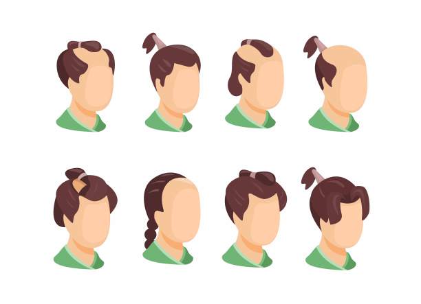 日本男性古典发型集。武士头像卡通插图矢量图片下载