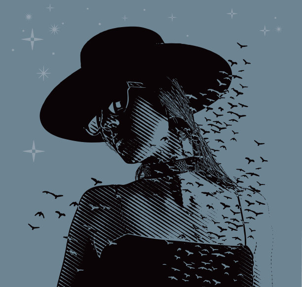 美女和鸟群的多次曝光图片下载