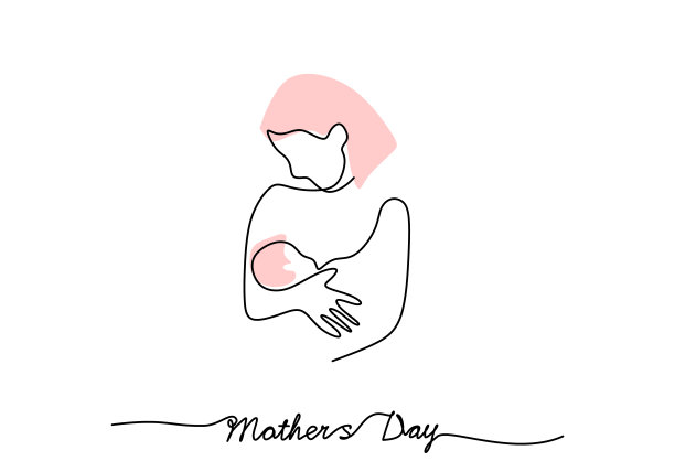 一个连续的单线母亲携带她的孩子为母亲节孤立在白色背景。图片下载