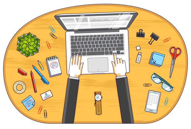 办公人员或企业家在电脑笔记本上工作，与人的手和各种文具的工作桌的俯视图。所有元素都很容易单独使用。矢量插图。图片下载