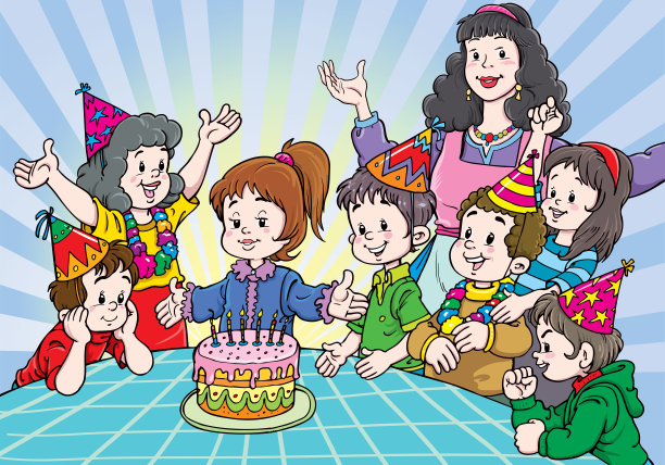 矢量插图的孩子庆祝生日与蛋糕图片下载