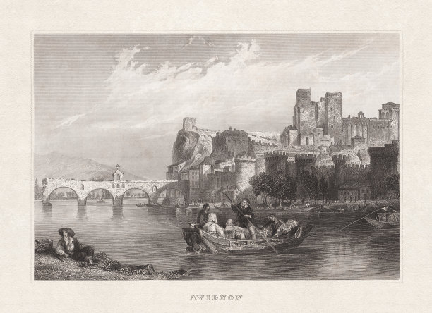 法国阿维尼翁的历史观点，钢版画，出版于1857年图片下载