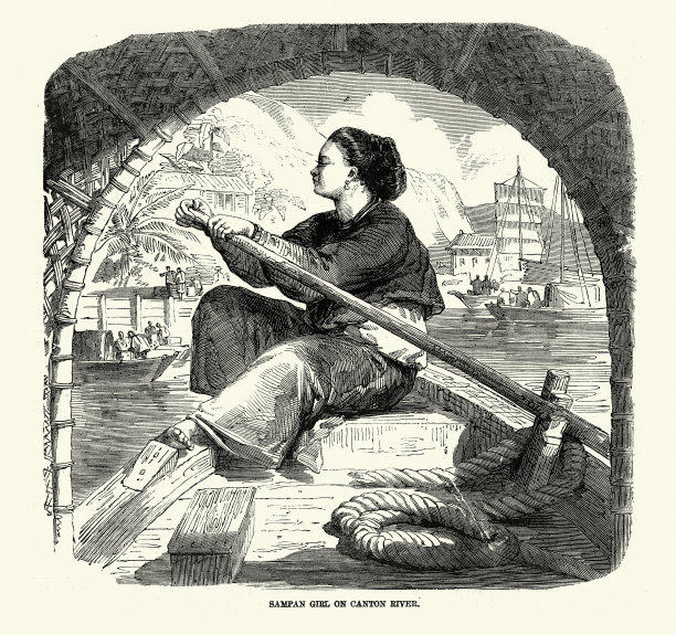 中国的舢板女孩在广州河上，19世纪，19世纪图片下载