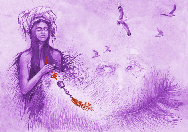 插图水彩画的女人在一个东方头巾与风铃飞自由海鸥大鸟羽毛的背景傍晚蓝色的天空与多风的天气图片下载