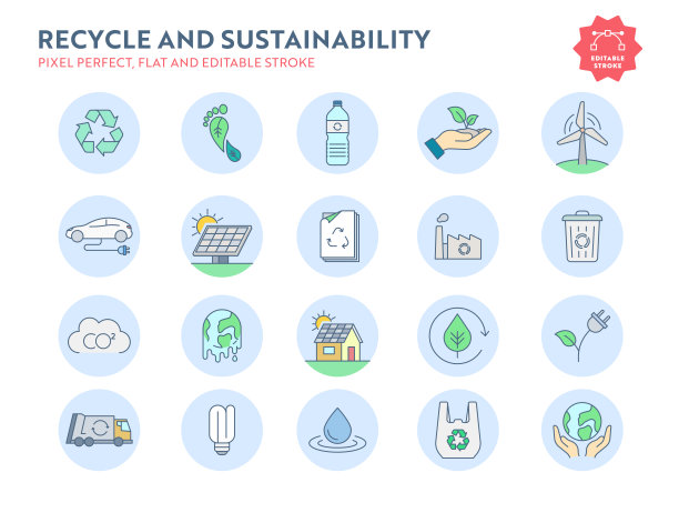 循环和可持续性的平面图标设置可编辑的笔触和像素完美。图片下载