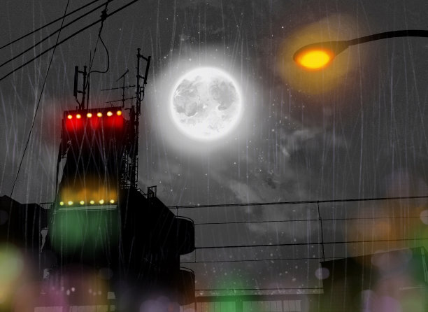 一个人站在可疑的闪光满月下的剪影插图，霓虹灯建筑和雨吹。图片下载