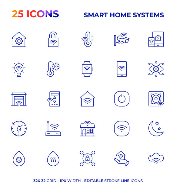 智能家居系统可编辑线条图标系列图片下载