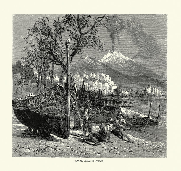 19世纪的意大利那不勒斯，人们在海滩上划船图片下载