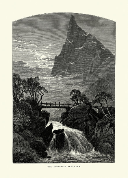 风景如画的Horningdalskrakken，瀑布，桥，挪威，19世纪图片下载