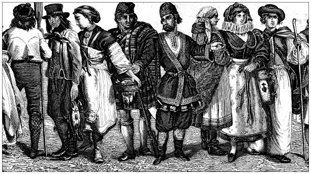 古董雕刻插画，文明:传统服装，挪威，芬兰，苏格兰，俄罗斯，匈牙利图片下载