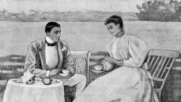 在美国弗吉尼亚海滩切萨皮克湾岸边喝茶的夫妇——19世纪图片下载